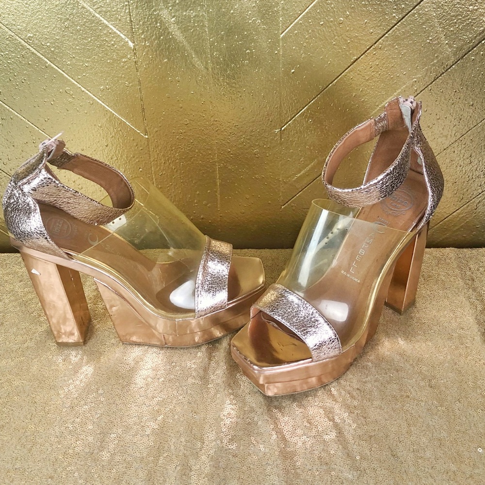 Rose gold leather strappy platforms